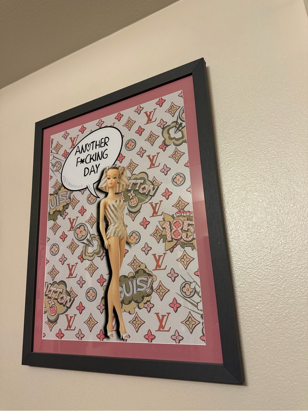 Framed Pop Art Barbie Print with Louis Vuitton Motif - Pink Accents and Popsicle